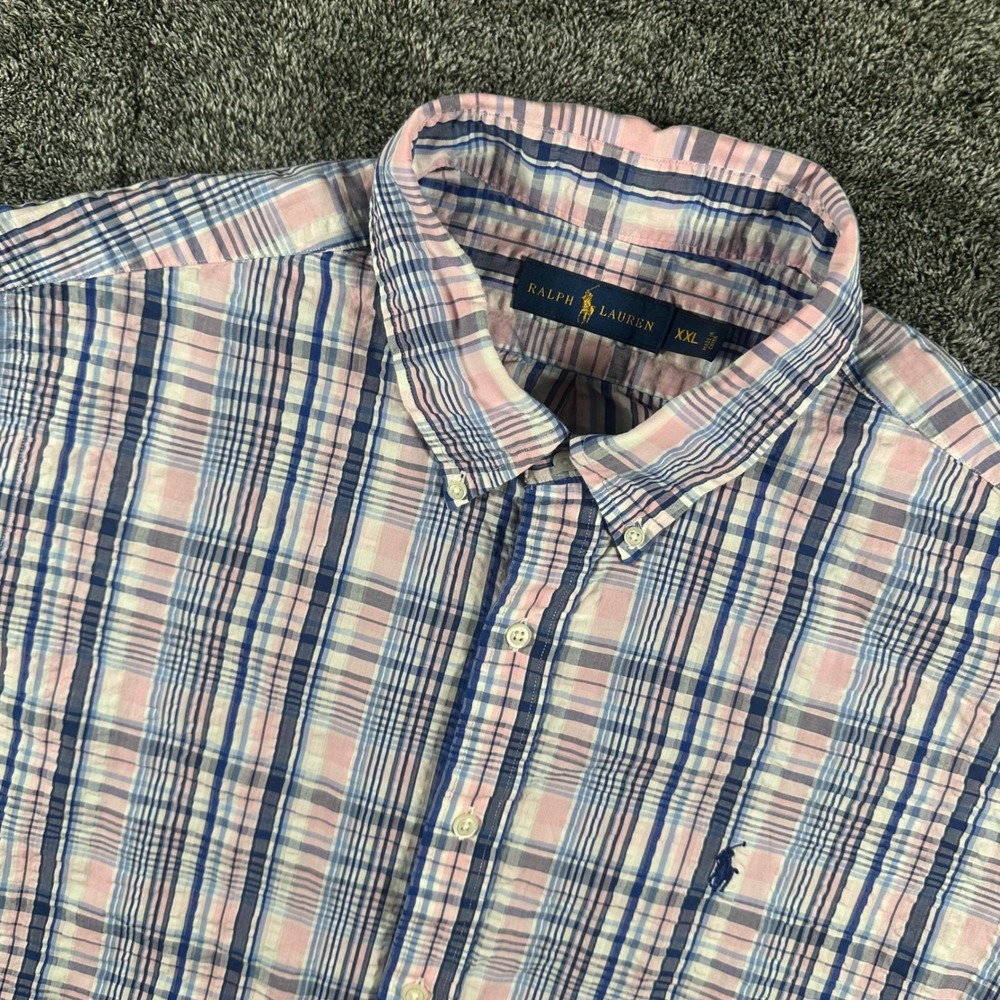 Ralph Lauren Shirt Mens XXL Pink Blue Plaid Seersucker Short Sleeve Button Down